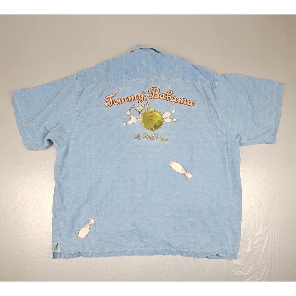 Tommy Bahama Button Up Shirt Mens XL Blue Bowling St Croix Lanes Embroidered
